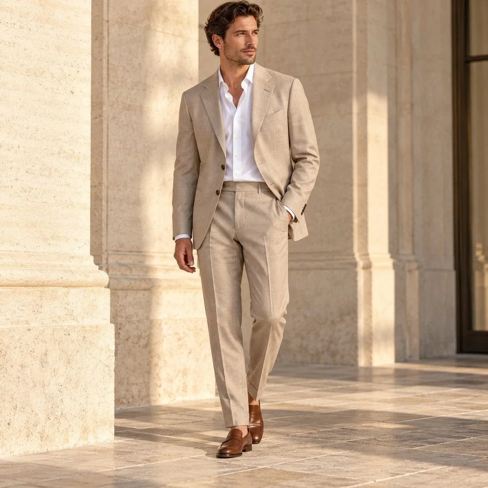 Suitsupply Vitale Barberis Canonico Wool Suit Mens 44R Beige Havana Soho Slim